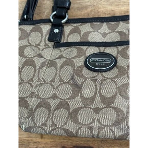 Coach Peyton Signature Zip Tote Coated Canvas Bag Beige Khaki Brown Adjust Spots - Picture 3 of 12